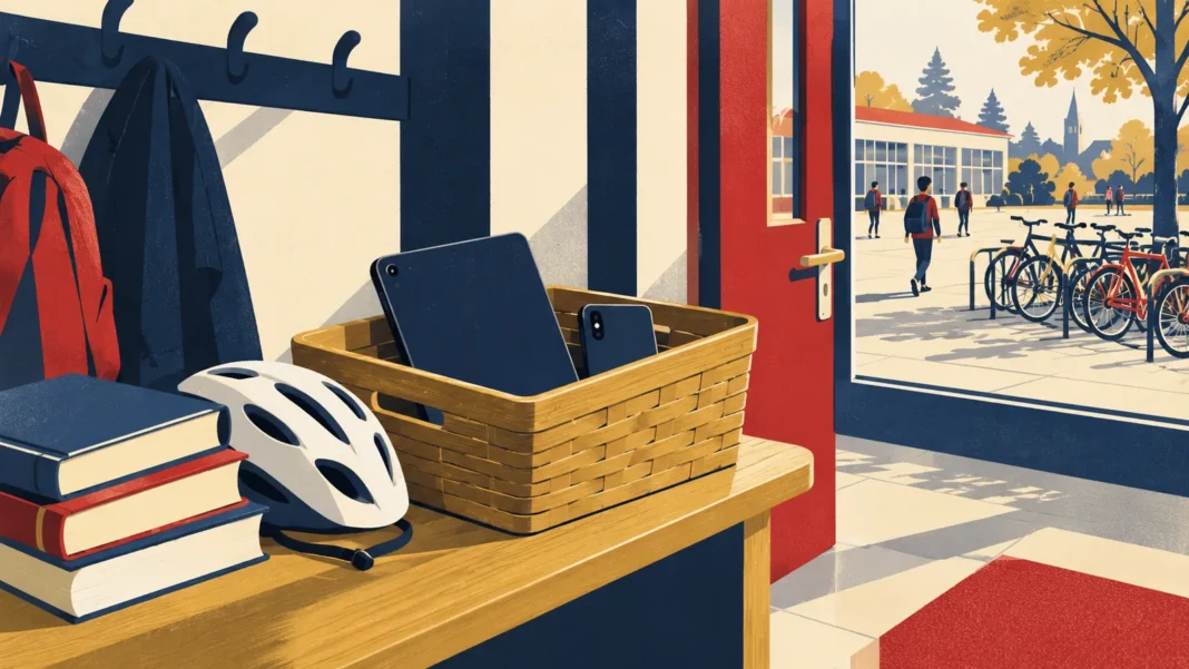 Cabinet Wants Phones Out of Schools From January 2027 and Presents Strategy for Children Online Phones in schools: illustration of phone and tablet in a basket by a school door