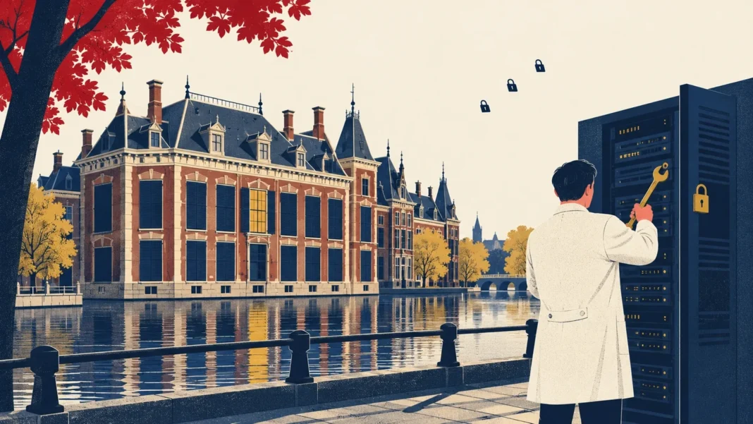 Illustration of a technician securing a server cabinet beside a canal-side Dutch government building with closed shutters and floating padlocks.
