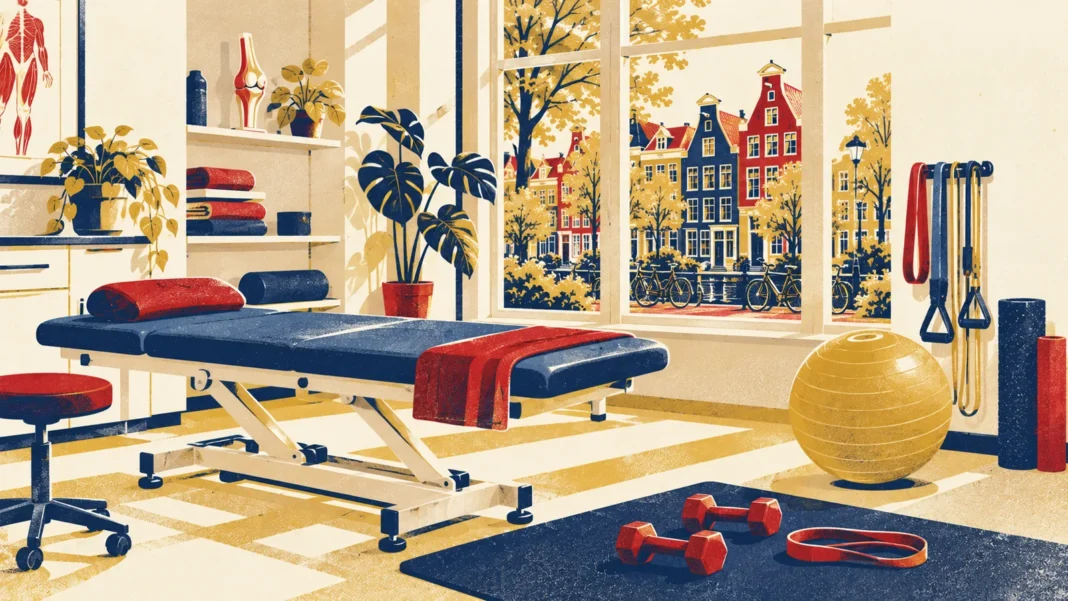 Physiotherapy Netherlands: What Basic Insurance Covers and the 20-Treatment Rule Illustration of an empty physiotherapy treatment table with dumbbells, an exercise ball and resistance bands