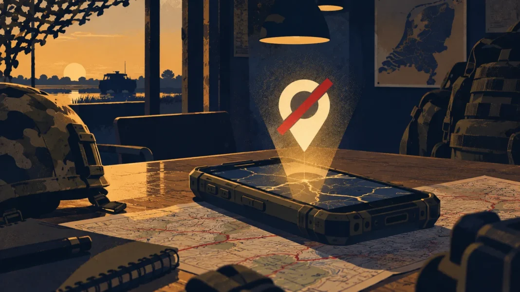 Illustration of a rugged military smartphone on a map table with a glowing location pin crossed out in red above it, a helmet and backpack nearby
