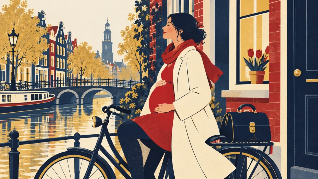 Pregnancy in the Netherlands 2026: Midwife, Kraamzorg, Costs and the 13-Week Echo Change Pregnancy in the Netherlands: a pregnant woman on a bicycle by an Amsterdam canal with a midwife bag