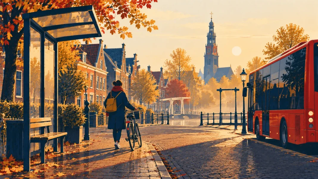 Illustration of an empty Dutch bus stop in autumn, a commuter walking a bicycle past a parked red regional bus, canal bridge and church tower behind
