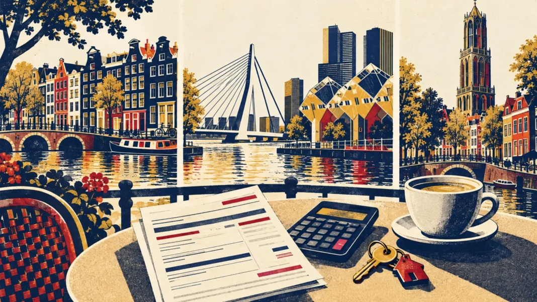 Salary Needed to Live in Amsterdam, Rotterdam or Utrecht in 2027: Important Numbers Revealed Salary needed to live in Amsterdam: canal houses, Erasmus Bridge and cube houses with a payslip, calculator and keys on a cafรฉ table
