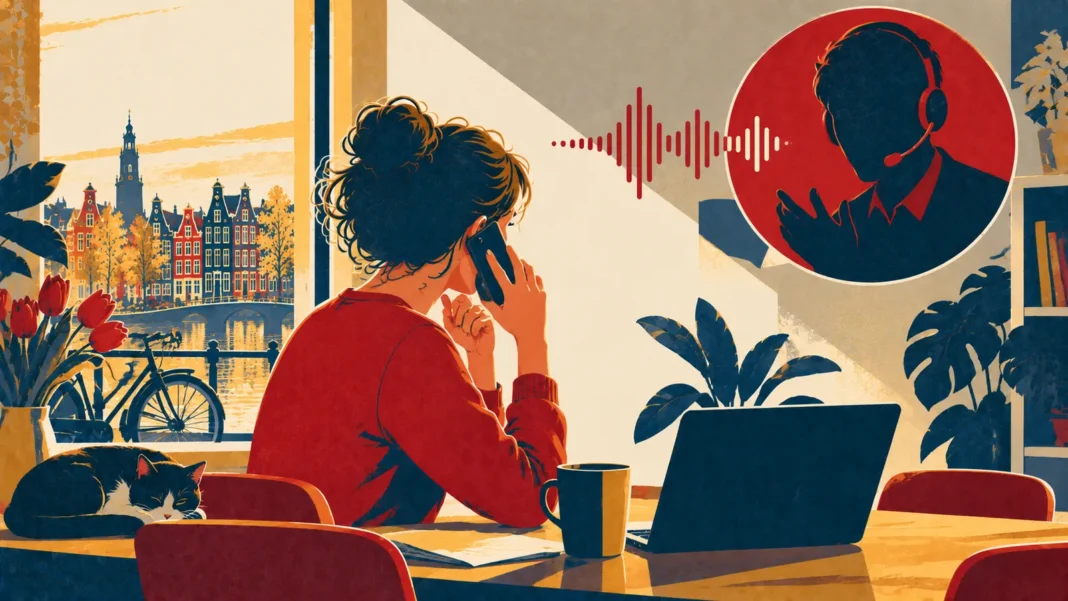 Scam Alert 2026: AI Voice Cloning & “Bank Helpdesk” Fraud Targeting Expats Illustration: Worried Call in a Cozy Canal Home