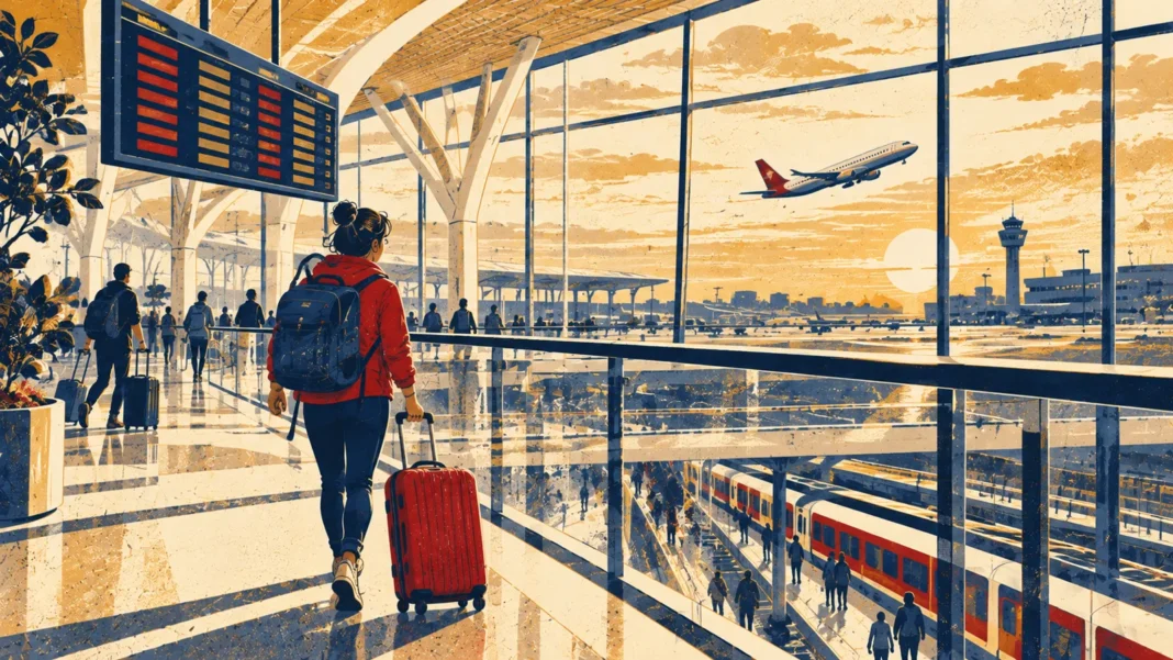 Schiphol Airport guide: a traveller with a backpack and suitcase walking through the terminal above the train platform