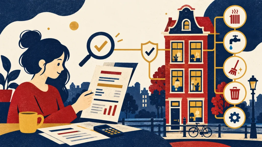 Flat editorial illustration of a Dutch tenant reviewing service charges, with a canal house and icons for heating, water, cleaning and maintenance, representing the Netherlands' 2027 rental rules. Kopyala