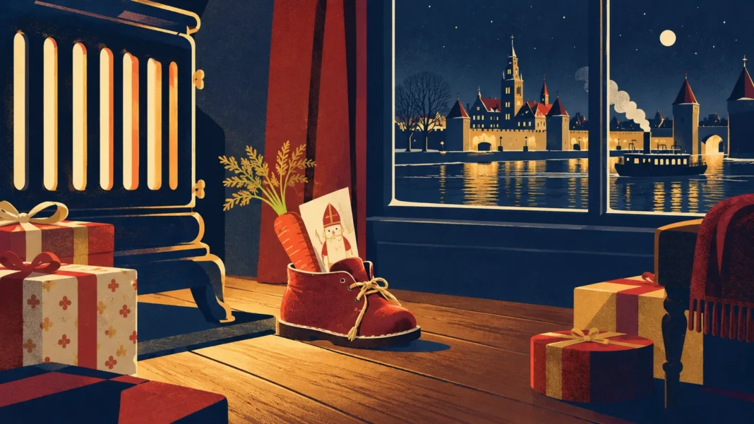 Sinterklaas 2026: Intocht in Grave on 14 November, Sinterklaasjournaal and 5 December Explained Illustration of a child's shoe with a carrot and a drawing by a heater, wrapped presents nearby and an old Dutch riverside town with a steamboat outside the window at night