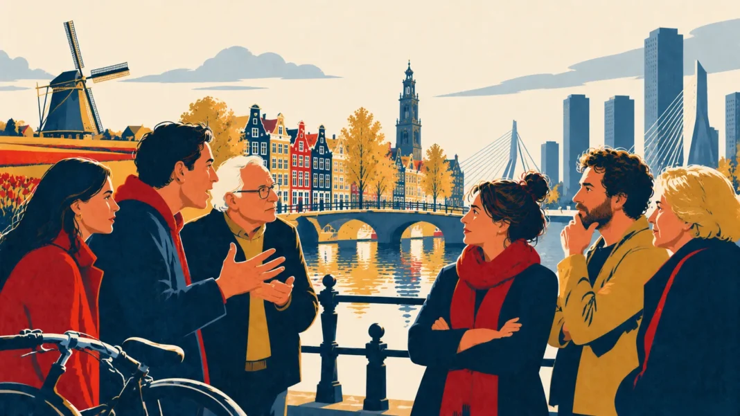 Social Trust in Netherlands 2026: CBS Report on Rudeness, Directness & Regional Divides Illustration: Dutch Divides: Canal-Side Conversation
