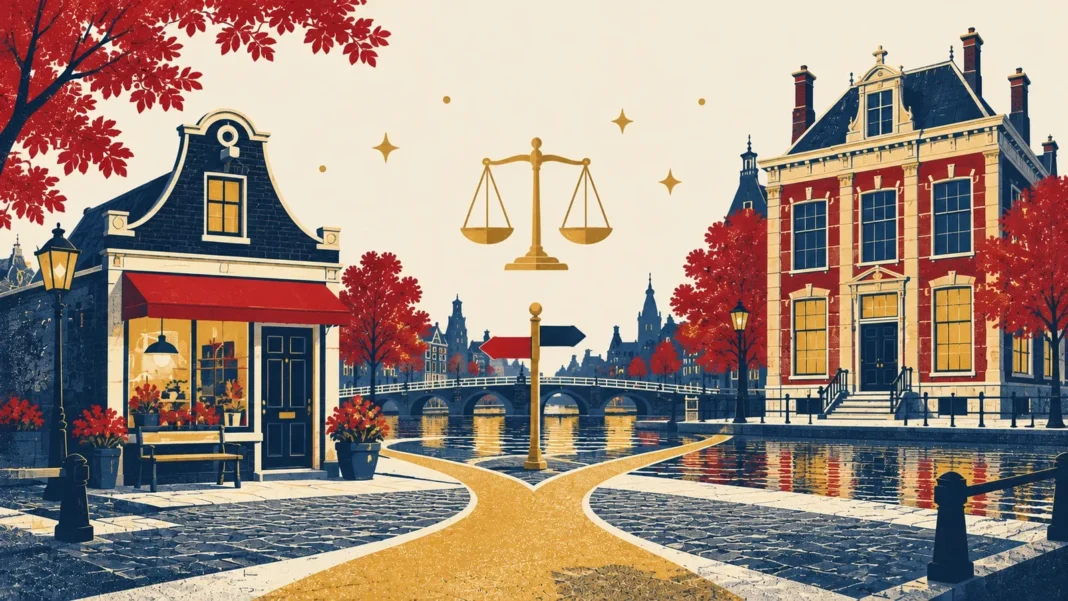 Flat editorial illustration of a Dutch shopfront and a signpost at a fork with a balance scale, symbolising the choice of legal form