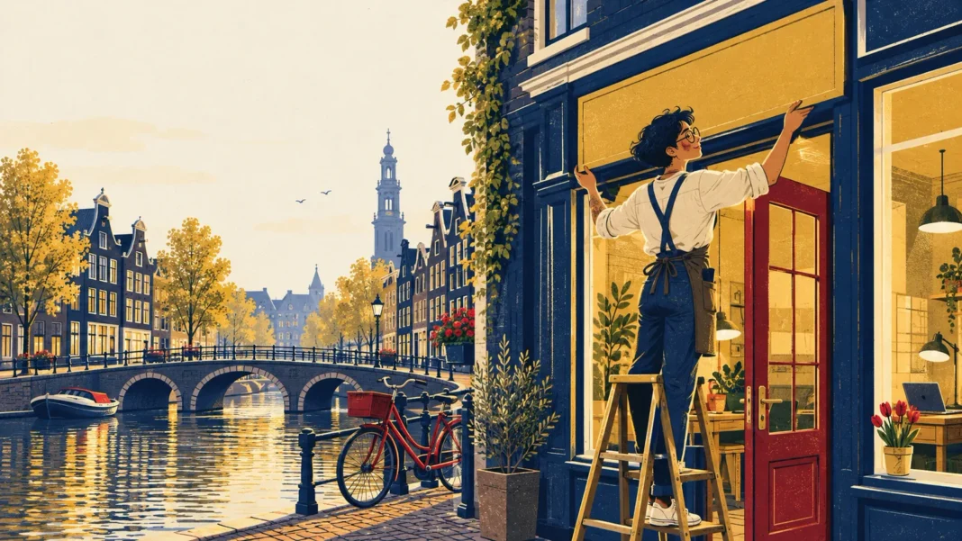 Starting a Business in the Netherlands as an Expat: KvK, VAT and Your First Website Illustration of an entrepreneur opening a new shop on an Amsterdam canal, with a laptop in the window.