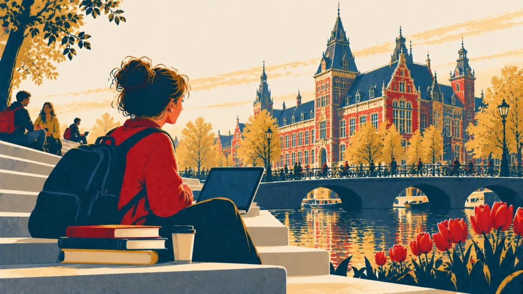 Study in Netherlands 2026: The Ultimate Guide to Deadlines, Costs & Visas Illustration: Canal-Side Campus in Autumn