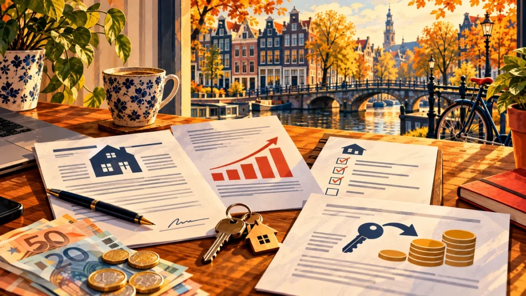 Rental contracts, house keys, a rent increase chart and deposit refund documents on a desk overlooking an Amsterdam canal.