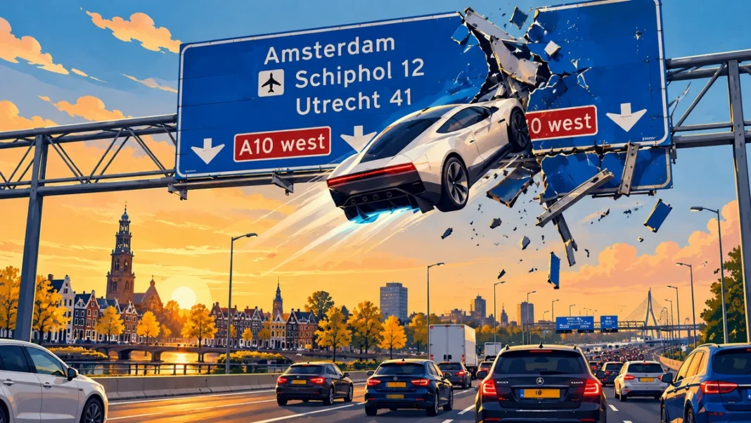 Editorial illustration of a futuristic electric car flying through an Amsterdam motorway sign, representing the Tesla Roadster AI meme trend.