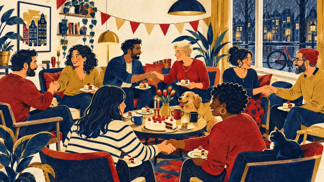 Things the Dutch do that shock foreigners: guests shaking hands at a Dutch birthday circle with coffee and one slice of cake each