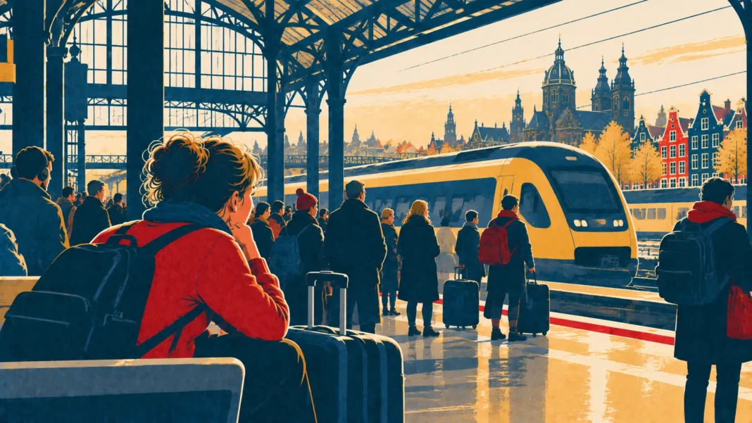 Train Delays Amsterdam: The Ultimate Guide to NS Delays, Refunds & Survival (2026) Illustration: Sunlit Dutch Train Station Departure