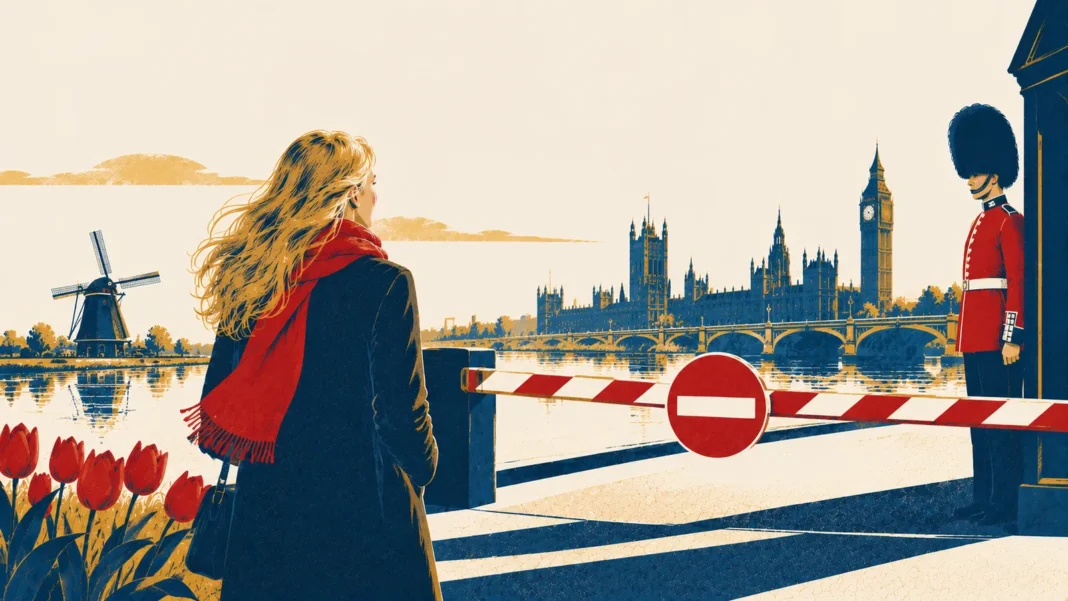 UK Visa Ban for Dutch Activist Eva Vlaardingerbroek Sparks Debate Illustration: Blocked Crossing to London