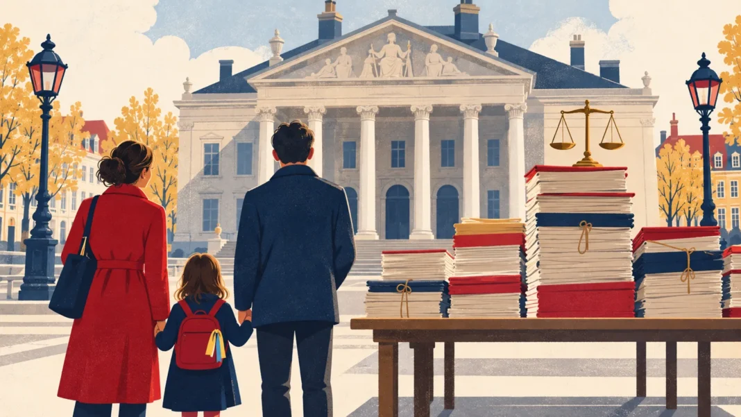 Ukrainian Asylum Applications: EU Court Orders the Netherlands to Assess 140,000 Claims โ Important Ruling Explained Ukrainian asylum applications: a family waits in front of a European court building next to stacks of files and a balance scale