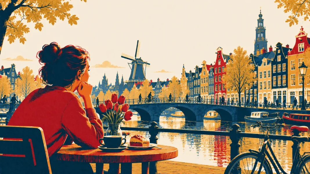 Illustration: Amsterdam Canal Café at Golden Hour