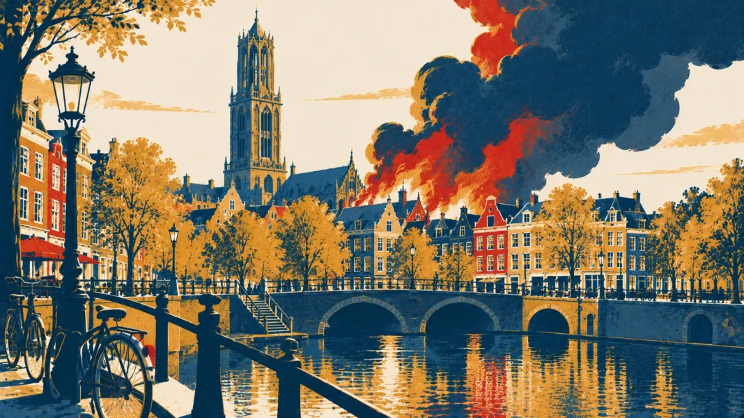 Illustration: Canal City Beneath Smoke and Fire