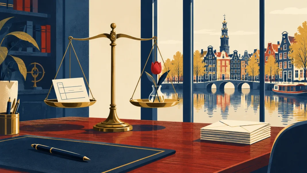 UWV Fined People With Non-Dutch Surnames More Often, Investigation Finds UWV fines: illustration of brass scales with a form and a tulip on a desk