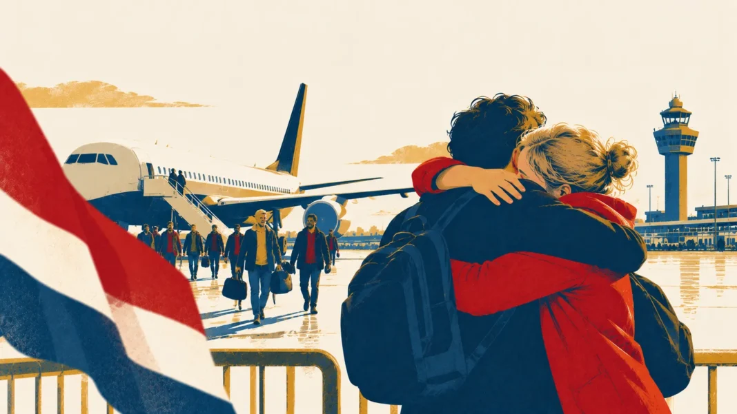 Venezuela Releases Dutch Nationals, Signaling Broader Prisoner Exchange Illustration: Homecoming Hug at the Airport