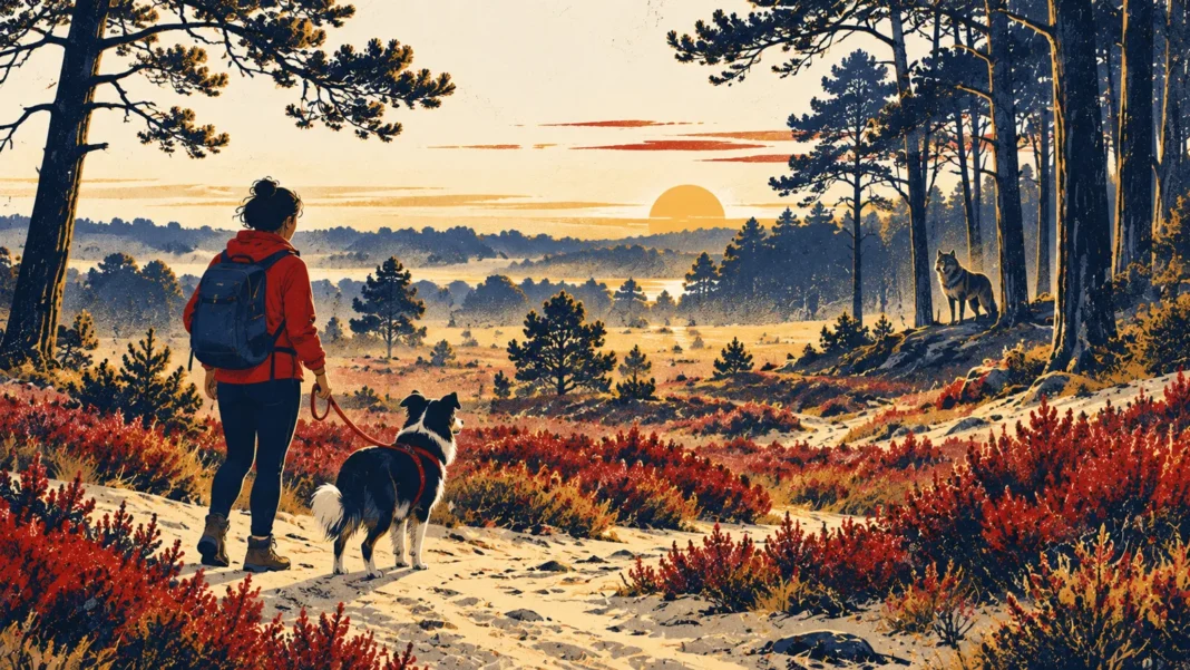 Wolves in the Netherlands: a wolf at the edge of a pine forest on a heathland at dawn, with a walker keeping a dog on a lead
