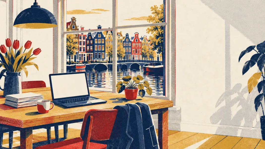 WW Unemployment Benefit Netherlands: Who Qualifies, How Much and How to Apply Illustration of a home office table with a laptop, papers and coffee by a window overlooking an Amsterdam canal